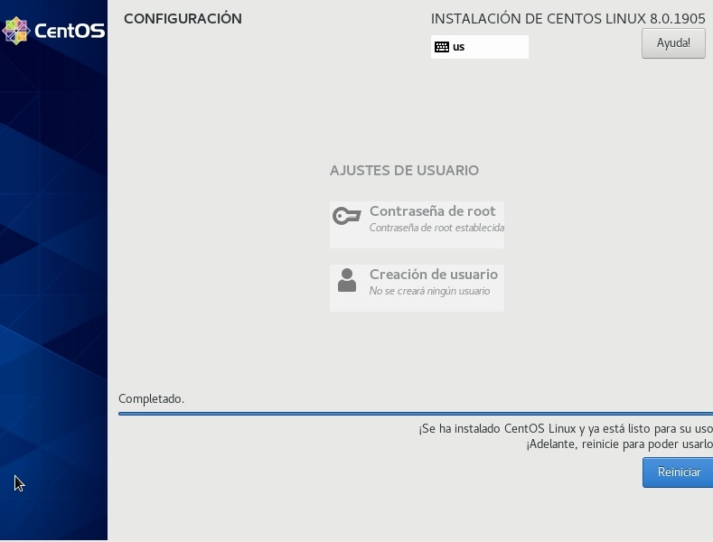 Fin de la instalación de CentOS